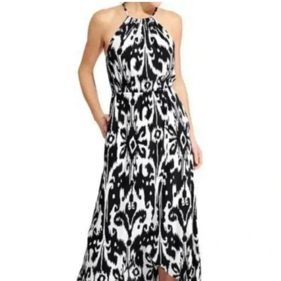 Athleta Black Off White Ikat Bloom Sleeveless Halter Tassel Tie Hi Lo Maxi Dress - Picture 2 of 10